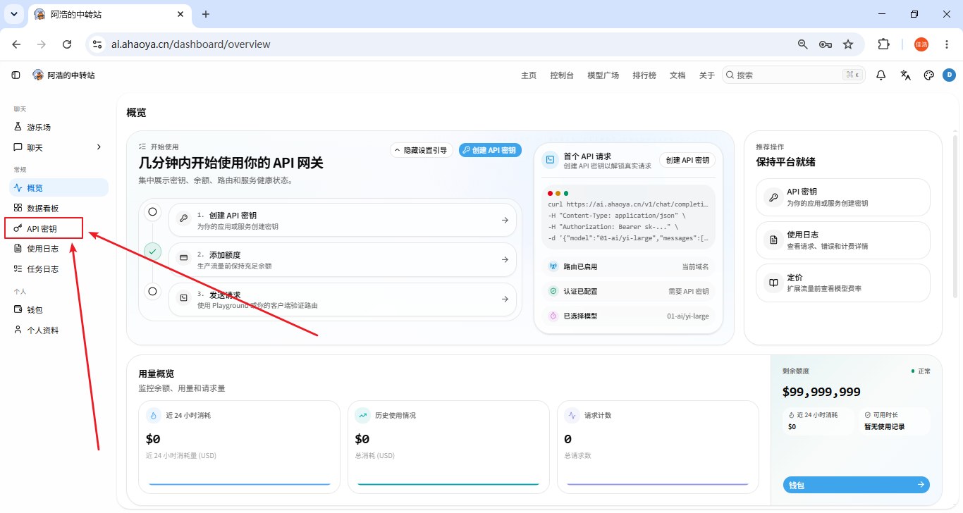 中转站控制台主页，左侧边栏点击 API 密钥